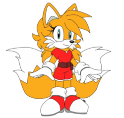 Size: 540x514 | Tagged: artist needed, source needed, safe, miles "tails" prower, belt, gender swap, hair over one eye, simple background, solo, white background