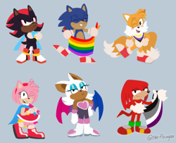 Size: 400x325 | Tagged: safe, artist:witnessmytruepower, amy rose, knuckles the echidna, miles "tails" prower, rouge the bat, shadow the hedgehog, sonic the hedgehog, asexual pride, bandana, bisexual pride, cape, flag, gay pride, grey background, nonbinary pride, pansexual pride, pride, signature, simple background, trans pride, wink