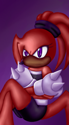 Size: 1000x1800 | Tagged: safe, artist:craftydaemon, knuckles the echidna, echidna, arms folded, frown, gender swap, gradient background, legs crossed, no outlines, ponytail, sitting, solo