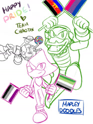 Size: 1280x1707 | Tagged: safe, artist:mapleydoodles, charmy bee, espio the chameleon, vector the crocodile, aromantic pride, asexual pride, bisexual pride, flag, heart, lollipop, pansexual pride, polyamorous pride, pride, simple background, sketch, smile, team chaotix, trans pride, white background
