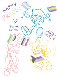 Size: 1280x1707 | Tagged: safe, artist:mapleydoodles, knuckles the echidna, miles "tails" prower, sonic the hedgehog, aromantic pride, asexual pride, demisexual pride, flag, flying, gay pride, heart, pride, simple background, sketch, spinning tails, team sonic, trans pride, white background
