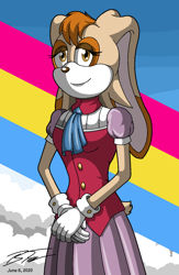 Size: 588x900 | Tagged: safe, artist:deltastarfire, vanilla the rabbit, clouds, lidded eyes, pansexual pride, pride, signature, solo