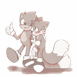Size: 1280x1280 | Tagged: safe, artist:farraigeart, miles "tails" prower, sonic the hedgehog, blushing, gay, greyscale, hand on arm, hand on shoulder, looking at them, looking at viewer, shipping, simple background, sonic x tails, thumbs up, white background, wink