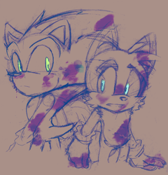 Size: 928x968 | Tagged: semi-grimdark, artist:anoniblast25, miles "tails" prower, sonic the hedgehog, beige background, blood, duo, fanfiction art, frown, implied murder, simple background, sketch
