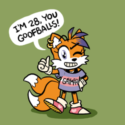 Size: 600x600 | Tagged: safe, artist:coyotecoyote, miles "tails" prower, aged up, dialogue, dyed hair, earring, green background, implied gay, pink shoes, redesign, shirt, simple background, solo, speech bubble, thumbs up, trans female, trans girl tails, trans pride, transgender, wink