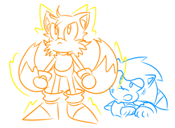 Size: 1720x1260 | Tagged: safe, artist:mikapuna, miles "tails" prower, sonic the hedgehog, super tails, implied gay, injured, protecting, shipping, simple background, sketch, sonic x tails, super form, white background