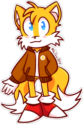 Size: 838x1236 | Tagged: safe, artist:mikapuna, miles "tails" prower, aviator jacket, badge, blushing, flight jacket, hair over one eye, outline, simple background, solo, transparent background
