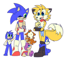 Size: 1863x1688 | Tagged: safe, artist:crazygreenfluff, miles "tails" prower, sonic the hedgehog, oc, hybrid, aged up, bandana, fankid, father and daughter, father and son, flying, gay, hedgefox, looking at them, magical gay spawn, outline, parent and child, parent:sonic, parent:tails, parents:sontails, simple background, sonic x tails, spinning tails, transparent background