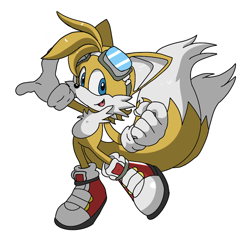 Size: 860x840 | Tagged: safe, artist:taeko, miles "tails" prower, clenched fist, goggles, looking at viewer, male, mobius.social exclusive, one fang, posing, redraw, simple background, solo, sonic riders, standing on one leg, white background