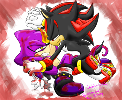 Size: 1099x900 | Tagged: semi-grimdark, artist:segamew, espio the chameleon, shadow the hedgehog, abstract background, blood, clenched teeth, fight, gay, lidded eyes, looking at each other, shadpio, shipping, shuriken, signature, smirk