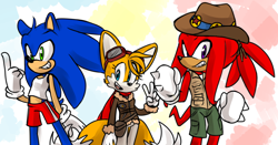 Size: 1280x671 | Tagged: artist needed, source needed, safe, knuckles the echidna, miles "tails" prower, sonic the hedgehog, abstract background, belt, flight jacket, gender swap, goggles, hat, looking at viewer, ponytail, scarf, team sonic, team sonica, tomboy, v sign