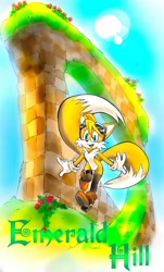 Size: 1234x2048 | Tagged: safe, artist:twisted-wind, miles "tails" prower, emerald hill, flying, gender swap, goggles, loop, solo, spinning tails, twisted tails