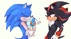Size: 3000x1663 | Tagged: safe, artist:miley-taslow, omochao, shadow the hedgehog, sonic the hedgehog, dialogue, gay, looking at them, robot, shadow x sonic, shipping, simple background, sweatdrop, white background