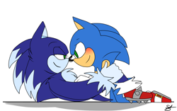 Size: 1440x906 | Tagged: suggestive, artist:gottagoblast, sonic the hedgehog, blushing, crack shipping, gay, holding them, lidded eyes, looking at each other, selfcest, shipping, signature, simple background, sonic x sonic, were form, werehog, white background