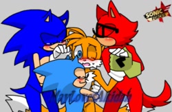 Size: 951x619 | Tagged: source needed, suggestive, artist:maylovesakidah, gadget the wolf, miles "tails" prower, sonic the hedgehog, sonic forces, blushing, classic sonic, forced, gay, glasses, grey background, holding them, hugging, kiss on head, love triangle, low quality, polyamory, rookails, shipping, simple background, sonic x tails, sontaildget, sweatdrop, watermark