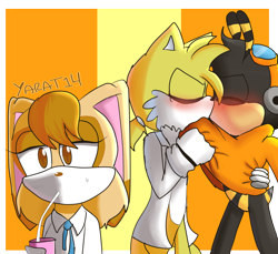 Size: 1200x1100 | Tagged: safe, artist:yarat14, charmy bee, cream the rabbit, miles "tails" prower, abstract background, aged up, blushing, chaails, gay, goggles, grabbing shirt, juice box, kiss, lab coat, shipping, signature, sweatdrop