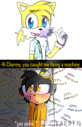 Size: 512x795 | Tagged: safe, artist:yarat14, charmy bee, miles "tails" prower, aged up, blushing, chaails, clenched teeth, dialogue, dirt, gay, gay panic, lidded eyes, looking at them, panicking, plaster, shipping