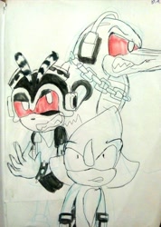 Size: 1421x1999 | Tagged: safe, artist:yarat14, charmy bee, espio the chameleon, vector the crocodile, evil, evil charmy, evil vector, fangs, goretober, pencilwork, red sclera, scared, team chaotix, traditional media, zombot