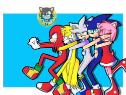 Size: 960x727 | Tagged: safe, artist:yarat14, amy rose, knuckles the echidna, miles "tails" prower, silver the hedgehog, sonic the hedgehog, abstract background, amy x sonic, base used, gay, holding them, knuxails, love triangle, semi-transparent background, shipping, signature, silvails, sonilver, straight