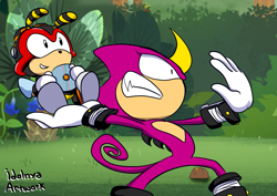 Size: 3507x2480 | Tagged: safe, artist:idolnya, charmy bee, espio the chameleon, sonic mania adventures, disc, flowers, grass, redraw, rock, signature, this won't end well