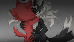Size: 2000x1125 | Tagged: semi-grimdark, suggestive, artist:kingofhighlands, gadget the wolf, infinite the jackal, blood, gay, grey background, holding each other, kiss, moaning, panting, rookinite, rough, scratch (injury), scratching, shipping, signature, simple background