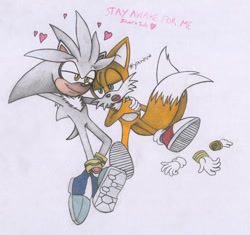 Size: 768x722 | Tagged: safe, artist:spectrum-sparkle, miles "tails" prower, silver the hedgehog, blushing, gay, gloves, gloves off, hearts, holding hands, lidded eyes, looking at them, shipping, silvails, simple background, waking up, white background, yawning