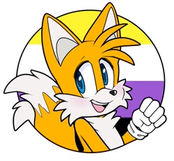 Size: 1387x1279 | Tagged: safe, artist:foxprower, miles "tails" prower, fox, 2022, clenched fist, gloves, looking offscreen, mouth open, nonbinary, nonbinary pride, posing, simple background, smile, solo, white background