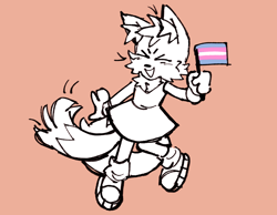 Size: 1412x1097 | Tagged: safe, artist:t4tails, miles "tails" prower, fox, chest fluff, child, cute, dress, ear fluff, eyes closed, female, gloves, happy, holding something, monochrome, mouth open, orange background, pride flag, shoes, simple background, socks, solo, tailabetes, trans female, trans girl tails, trans pride, transgender