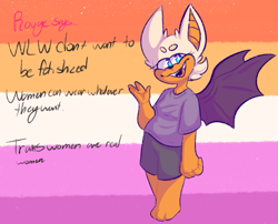 Size: 619x499 | Tagged: safe, artist:rotshop, rouge the bat, bat, abstract background, dialogue, english text, female, lesbian pride, looking at viewer, mouth open, pride, pride flag background, shirt, shorts, solo, standing
