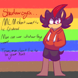 Size: 499x499 | Tagged: safe, artist:rotshop, shadow the hedgehog, hedgehog, abstract background, dialogue, english text, gay pride, hands in pocket, hoodie, looking at viewer, male, mlm pride, pride, pride flag background, shorts, solo, standing