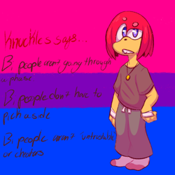 Size: 499x499 | Tagged: safe, artist:rotshop, knuckles the echidna, echidna, abstract background, bisexual, bisexual pride, clenched teeth, dialogue, english text, gloves off, hand on hip, looking at viewer, necklace, pants, pride, pride flag background, shirt, socks, solo, standing