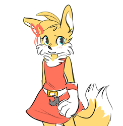 Size: 700x718 | Tagged: safe, artist:foxdear, miles "tails" prower, fox, belt, blushing, bow, chest fluff, dress, ear fluff, eyelashes, female, gloves, holding something, looking at viewer, simple background, solo, standing, trans female, trans girl tails, transgender, white background, wrench