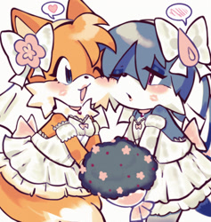 Size: 1942x2048 | Tagged: safe, artist:zombioutbreax, kit the fennec, miles "tails" prower, fox, blushing, cute, duo, female, females only, fennec, flower bouquet, gender swap, heart, holding something, kiss marks, kitabetes, kitails, lesbian, looking at each other, mouth open, one eye closed, r63 shipping, shipping, simple background, tailabetes, wedding dress, white background