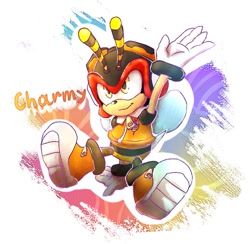 Size: 977x954 | Tagged: safe, artist:latisky, artist:metallicseraph, charmy bee, bee, 2015, abstract background, arm up, character name, child, english text, flying, gloves, looking offscreen, male, shoes, smile, solo