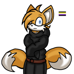 Size: 1280x1280 | Tagged: safe, artist:taeko, miles "tails" prower, fox, :3, belt, chest fluff, child, hair over one eye, hoodie, looking at viewer, mobius.social exclusive, no source, nonbinary, oversized, simple background, skirt, solo, standing, transparent background