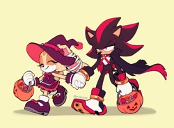 Size: 1581x1161 | Tagged: safe, artist:kiikoi11, cream the rabbit, shadow the hedgehog, candy, duo, halloween, holding hands, simple background, yellow background