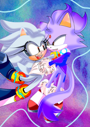 Size: 1000x1414 | Tagged: safe, artist:boomsilvia, blaze the cat, silver the hedgehog, abstract background, blaze's tailcoat, boots, duo, female, flying, gender swap, hugging, male, r63 shipping, shipping, silvaze, smile, straight