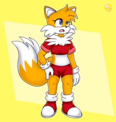 Size: 1267x1334 | Tagged: safe, artist:b_chuck1, miles "tails" prower, fox, 2021, abstract background, aged up, boots, chest fluff, crop top, female, gender swap, gloves, hair over one eye, hand on hip, looking up, modern tails, shorts, socks, solo, standing, teenager