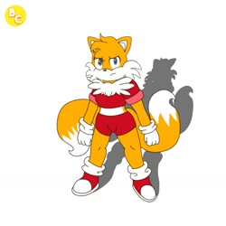 Size: 1456x1456 | Tagged: safe, artist:b_chuck1, miles "tails" prower, fox, 2021, aged up, angry, boots, chest fluff, clenched fists, crop top, female, flat colors, frown, gender swap, gloves, hair over one eye, looking at viewer, shadow (lighting), shoes, shorts, simple background, small ears, socks, solo, standing, teenager, white background