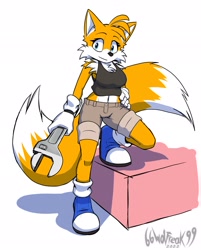 Size: 1644x2048 | Tagged: safe, artist:66wolfreak99, miles "tails" prower, fox, 2022, abstract background, adult, aged up, blue shoes, chest fluff, crop top, ear fluff, edit, eyelashes, female, gender swap, gloves, hand on hip, holding something, looking at viewer, modern tails, shorts, smile, socks, solo, standing on something, wrench