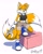 Size: 1644x2048 | Tagged: safe, artist:66wolfreak99, miles "tails" prower, fox, 2022, abstract background, adult, aged up, belly button, blue shoes, chest fluff, crop top, ear fluff, edit, eyelashes, female, gender swap, gloves, hand on hip, holding something, looking at viewer, midriff, modern tails, shorts, smile, socks, solo, standing on something, wrench