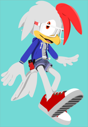 Size: 1280x1855 | Tagged: safe, artist:roguebadnik, oc, oc:toto the chicken, 2020, arms out, belt, chicken, glasses, grey fur, hoodie, lineless, looking at viewer, male, mid-air, mouth open, oc only, red eyes, shorts, simple background, sneakers, solo, turquoise background