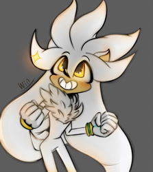 Size: 1533x1720 | Tagged: safe, artist:polinasuzu02, silver the hedgehog, hedgehog, 2020, chest fluff, clenched fists, clenched teeth, cute, gloves, glowing eyes, grey background, looking up, male, neck fluff, signature, silvabetes, simple background, small ears, smile, solo, standing, star (symbol), yellow eyes