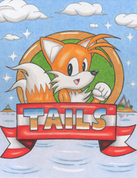 Size: 984x1280 | Tagged: safe, artist:dragonquesthero, miles "tails" prower, fox, 2010, abstract background, character name, chest fluff, child, classic tails, clenched fist, clouds, english text, gloves, island, looking at viewer, male, mouth open, ocean, smile, solo, sonic title screen banner, star (symbol), title screen, traditional media