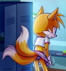 Size: 1189x1280 | Tagged: suggestive, artist:kitsune2001, miles "tails" prower, fox, 2019, back view, bench, blushing, crop top, crossdressing, embarrassed, femboy, frown, gloves, locker, looking down, male, modern tails, panties, skirt, solo, standing, tennis ball, tennis racket, upskirt