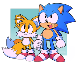 Size: 1753x1471 | Tagged: safe, artist:verocitea, miles "tails" prower, sonic the hedgehog, fox, hedgehog, 2021, abstract background, bandaid, brothers, child, classic sonic, classic tails, duo, duo male, gloves, holding hands, looking up, male, males only, one fang, plaster, semi-transparent background, shoes, smile, socks, standing