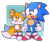 Size: 1753x1471 | Tagged: safe, artist:verocitea, miles "tails" prower, sonic the hedgehog, fox, hedgehog, 2021, abstract background, bandaid, brothers, child, classic sonic, classic tails, duo, duo male, gloves, holding hands, looking up, male, males only, one fang, plaster, semi-transparent background, shoes, smile, socks, standing