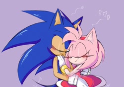Size: 2000x1400 | Tagged: safe, artist:kaiiteaa, amy rose, sonic the hedgehog, amy x sonic, blushing, duo, hearts, hugging, purple background, shipping, simple background, straight