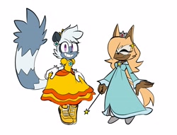 Size: 3200x2450 | Tagged: safe, artist:qqhoneydew_, tangle the lemur, whisper the wolf, cosplay, duo, female, females only, princess daisy, princess rosalina, simple background, white background