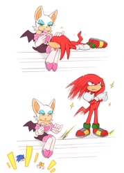 Size: 600x836 | Tagged: safe, artist:yotsumeddd, knuckles the echidna, miles "tails" prower, rouge the bat, sonic the hedgehog, comic, group, knuxouge, shipping, simple background, straight, tsundere, white background